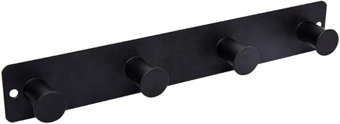 Small Coat Rack Wall Mounted, Black Coat Hooks Adhesive & Screw in, Stainless Steel Wall Hooks for Hanging Hat Towels Clothes, Metal Hook Rail with 4 Round Hangers