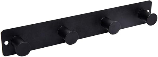 Small Coat Rack Wall Mounted, Black Coat Hooks Adhesive & Screw in, Stainless Steel Wall Hooks for Hanging Hat Towels Clothes, Metal Hook Rail with 4 Round Hangers