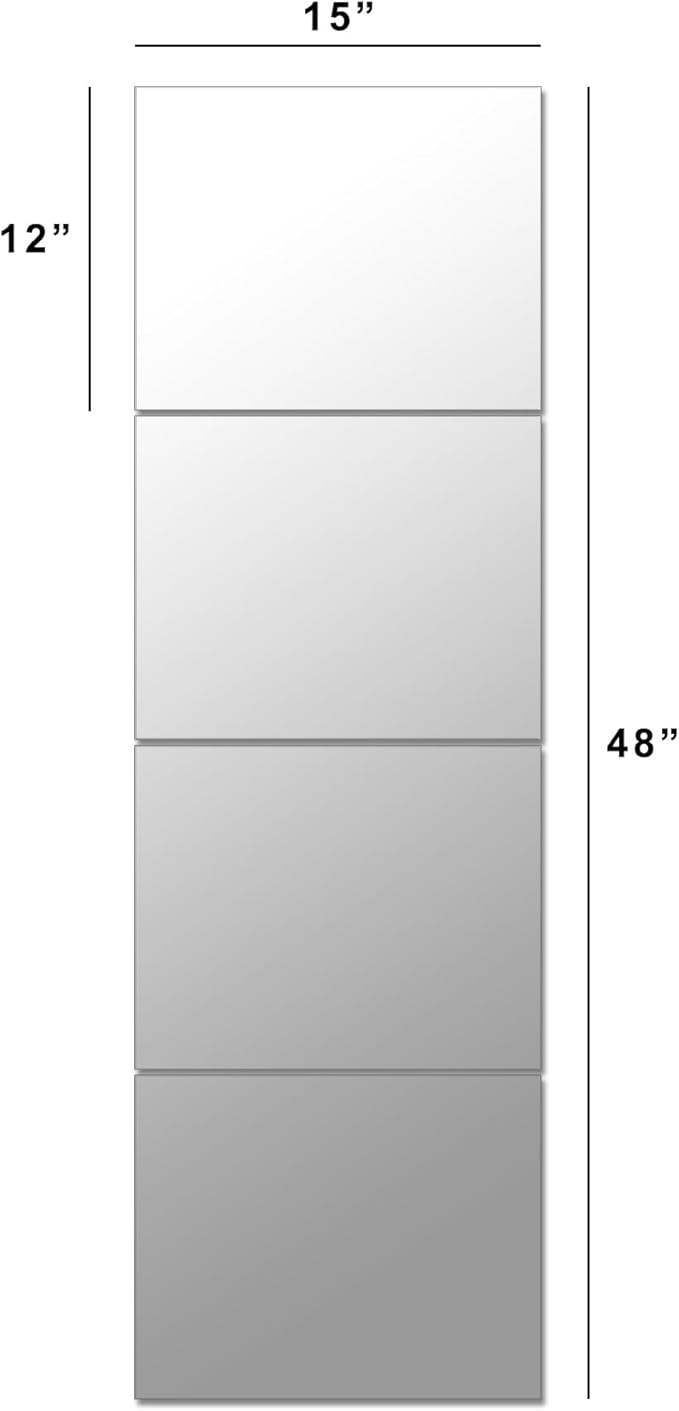 Ruomeng Full Length Wall Mirror Tiles, Gym Mirrors 12" x 15" x 4Pcs Square Wall Mounted Mirror, Frameless Mirror Tiles for Home Gym, Bedroom, Door