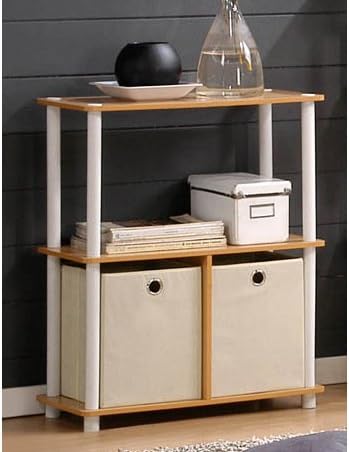 Furinno 99152BE/WH/IV 3-Tier Go Green Multipurpose Storage Rack Shelving Unit Bookshelf Cabinet with 2 Bins, Beech Finish