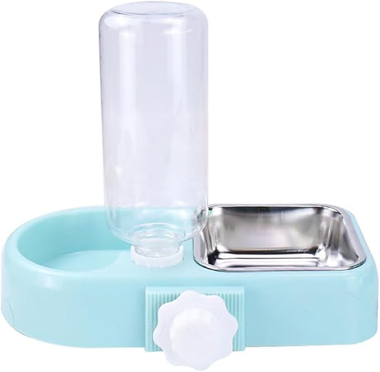 Hanging Dog Bowls, Cage Automatic Cat Food and Water Bowl Set with Water Dispenser and Stainless Steel Bowl, Detachable Gravity Pet Feeder and Waterer Set for Cats Dogs Puppy Rabbit (Blue)