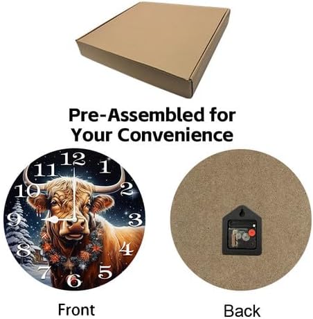 Cow with Christmas Wall Clock Large Silent Non-Ticking Battery Operated Modern Clocks for Living Room Decor/Bedroom/Office (12x12 in)