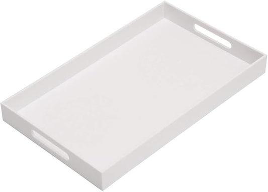 Glossy White Sturdy Acrylic Serving Tray with Handles-12x20 Inch-Serving Coffee Appetizer Breakfast-Kitchen Countertop Makeup Drawer Organizer-Vanity Table Ottoman Decorative Tray