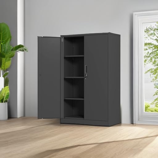 Metal Storage Cabinet with Locking Doors and 3 Adjustable Shelves, 53.5-Inch Lockable Storage Cabinets for Home Office Garage Kitchen Pantry (Black)