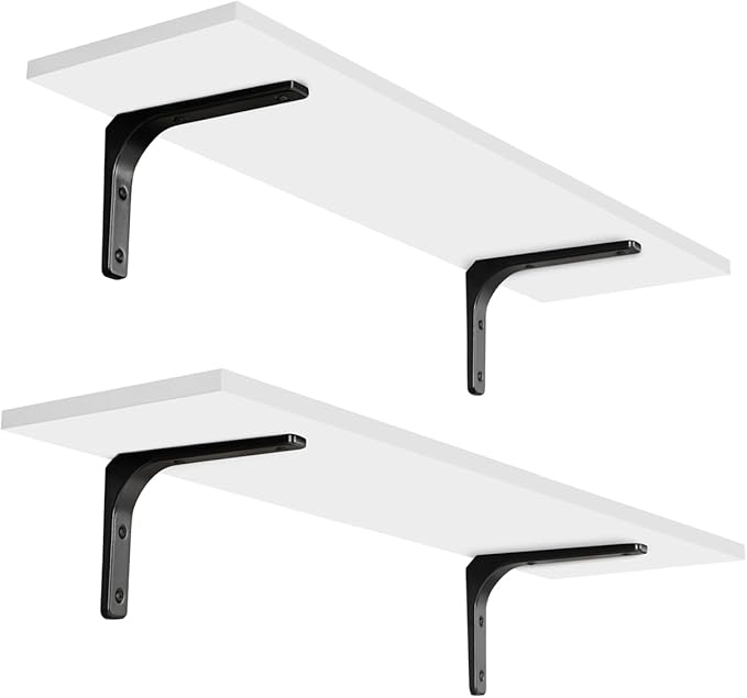 DINZI LVJ Long Wall Shelves, 23.6 Inch Wall Mounted Shelves Set of 2, Easy-to-Install, Floating Storage Ledges with Sturdy Metal Brackets for Living Room, Bathroom, Bedroom, Kitchen, White