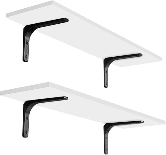 DINZI LVJ Long Wall Shelves, 23.6 Inch Wall Mounted Shelves Set of 2, Easy-to-Install, Floating Storage Ledges with Sturdy Metal Brackets for Living Room, Bathroom, Bedroom, Kitchen, White