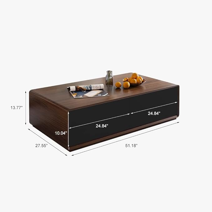 POVISON Modern Coffee Table for Living Room, 51 inch Square Coffee Table with Storage, 4-Drawers Wood Table, Full-Assembled, Walnut and Black