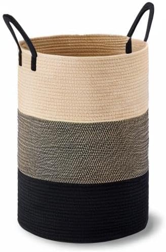 VIPOSCO Large Laundry Hamper, Tall Woven Rope Storage Basket for Blanket, Toys, Dirty Clothes in Living Room, Bathroom, Bedroom - 72L Brown & Black