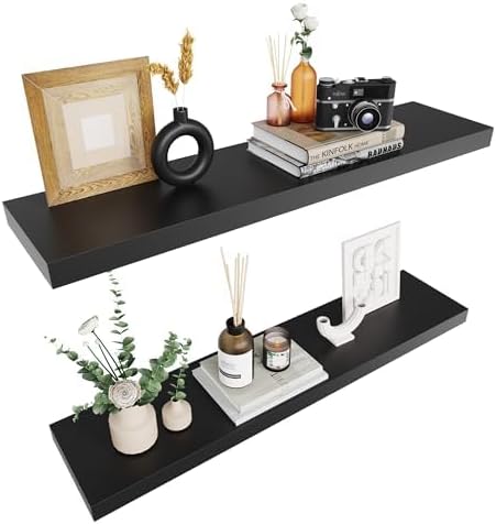 Colima Bathroom Floating Shelves for Wall, 36" Floating Wall Mounted Shelf, Rustic Wood Storage Display Shelf for Home Organization, Bathroom, Kitchen, Living Room (Set of 2, Black)