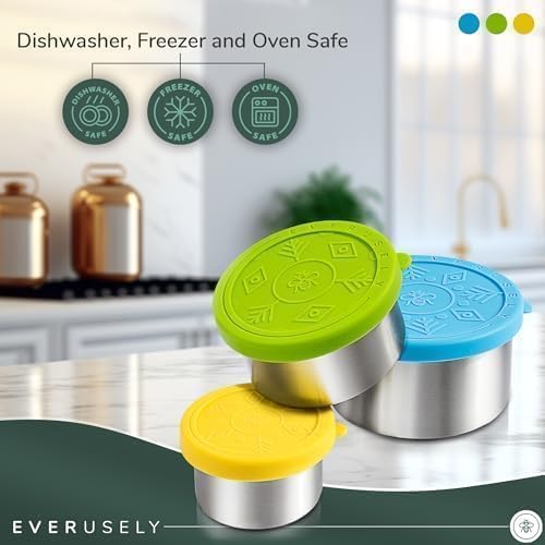 Everusely - Stainless Steel Food Containers - 3 Pack, Summer - Metal Lunch Box - Nesting Snack Containers for Office, Home Food Storage - Leakproof Silicone Lids - Dishwasher and Freezer Safe