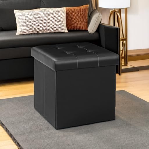 B FSOBEIIALEO Folding Storage Ottoman Cube Footrest Faux Leather for Living Room Seat Chest Black 12.6"X12.6"X12.6"