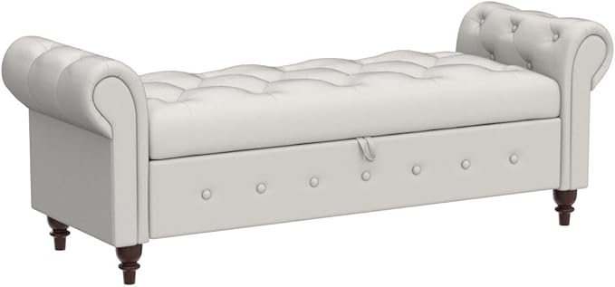 GNIXUU 63" End of Bed Storage Bench for Bedroom, Upholstered Ottoman Seat with Storage for Living Room, Window, Entryway, Beige White Velvet