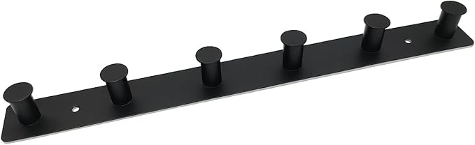 Coat Rack Wall Mounted, Black Coat Hooks Adhesive & Screw in, Stainless Steel Door Hooks for Hanging Hat Towels Clothes, Hook Rail with 6 Round Hangers