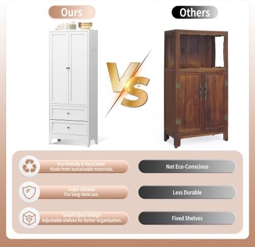 72'' Storage Cabinet, 2 Adjustable Shelves Kitchen Pantry with 2 Drawers, Tall White Metal Storage Cabinet with External Hooks, Modern Freestanding Heavy-Duty Pantry for Kitchen