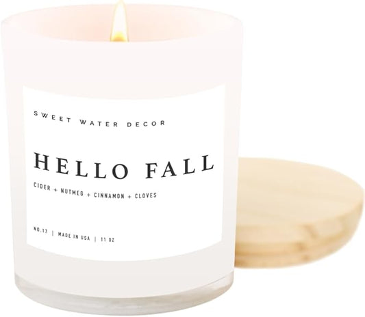 Sweet Water Decor Hello Fall Candle - Cinnamon Apples Cloves & Nutmeg Fall Scented Candle for Home Decor - 100% Cotton Wick Soy Wax Candles with 50 Hour Burn Time - Made in The USA - 11oz White Jar