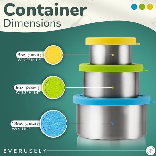 Everusely - Stainless Steel Food Containers - 3 Pack, Summer - Metal Lunch Box - Nesting Snack Containers for Office, Home Food Storage - Leakproof Silicone Lids - Dishwasher and Freezer Safe