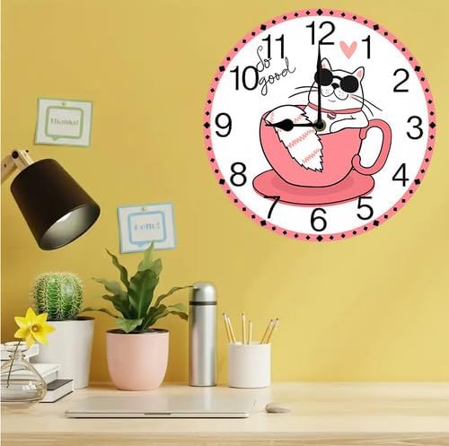 Wall Clock,Cat Sleeping in A Coffee Cup Kitchen Decor and Accessories, Decorative Battery Operated Clocks for Living Room Bedroom Bathroom Farmhouse 12 Inch
