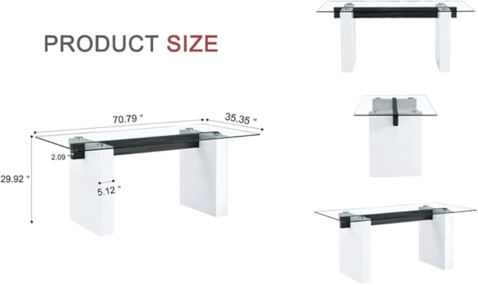 Modern Glass Dining Table for 6-8, Rectangular Glass Kitchen Table with Tempered Glass Tabletop and and Large White Table Legs for Kitchen Dining Room(White)
