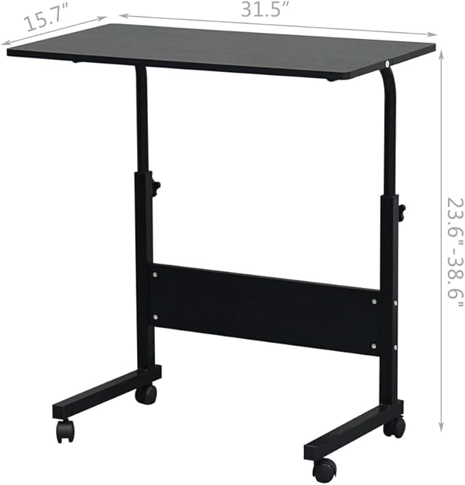 Goujxcy Sofa Side Table C Shaped End Table with Wheels, Rolling Bedside Laptop Table Snack Table TV Tray, Height Adjustable, Wooden Top & Metal Frame