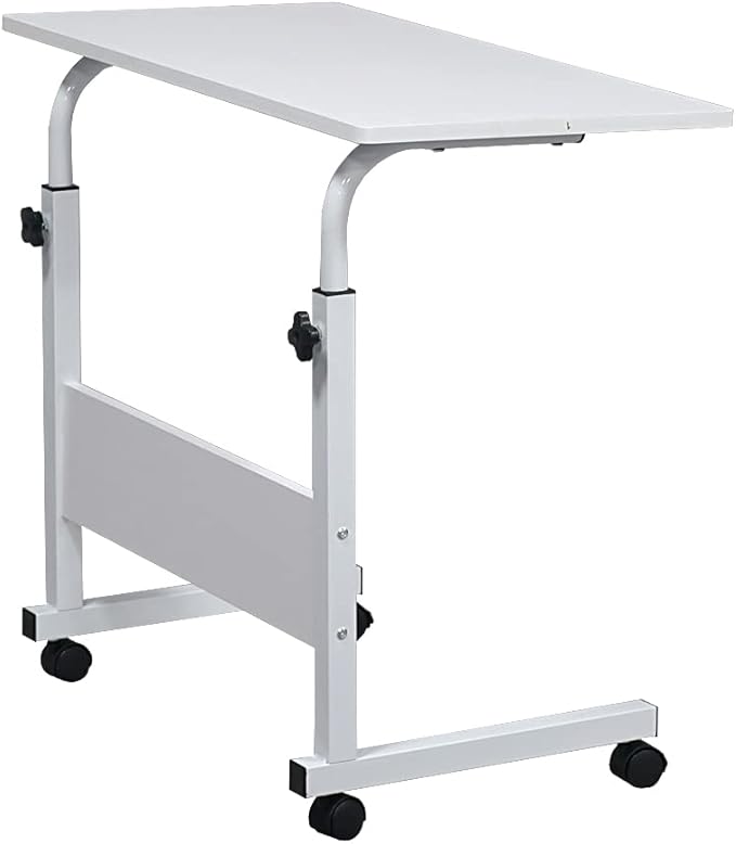 Goujxcy Sofa Side Table C Shaped End Table with Wheels, Rolling Bedside Laptop Table Snack Table TV Tray, Height Adjustable, Wooden Top & Metal Frame