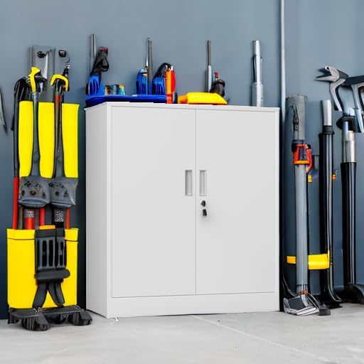 Metal Storage Cabinet with Locking Doors and 2 Adjustable Shelves, Small Lockable Steel Storage Cabinets for Home Office Garage Kitchen Pantry (White)