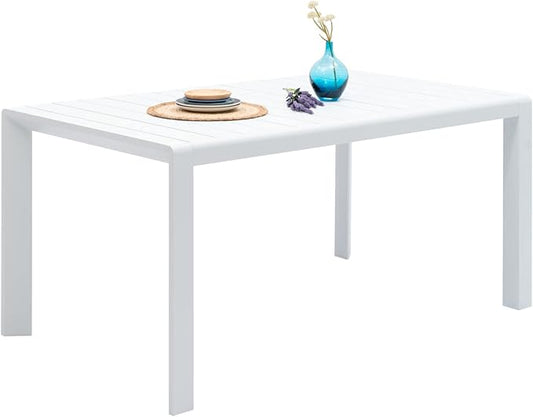 Outdoor Dining Table for 6, 60"x35" Patio Rectangular Dining Tables Powder-Coated Aluminum Table Top Heavy Duty Patio Furniture for Garden,White Frame
