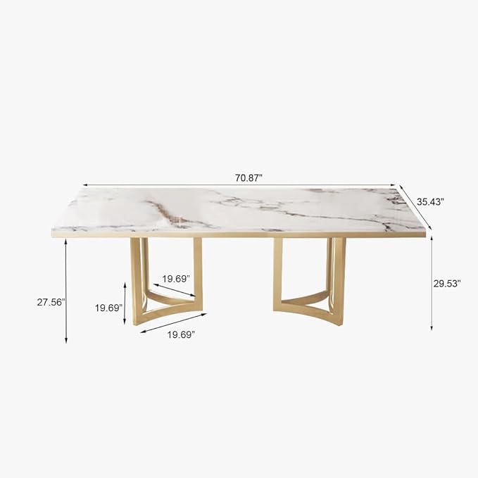 POVISON Marble Dining Table for 6, Modern Dining Room Table 71" for Kitchen & Dining Room, Luxury White Marble Table Top with Gold Trestle Pedestal(Dining Table Only)