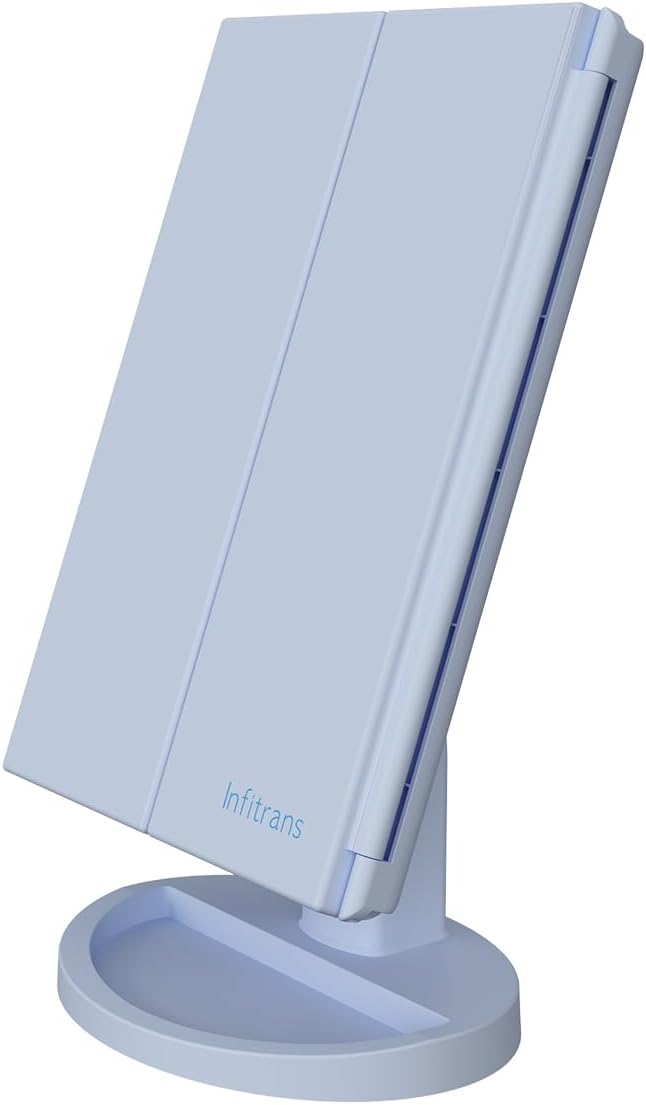 Trifold Makeup Mirror Vanity Mirror with Lights,1X 2X 3X Magnification,Touch Screen,180 Adjustable Rotation,Portable Travel Bathroom Cosmetic Mirror