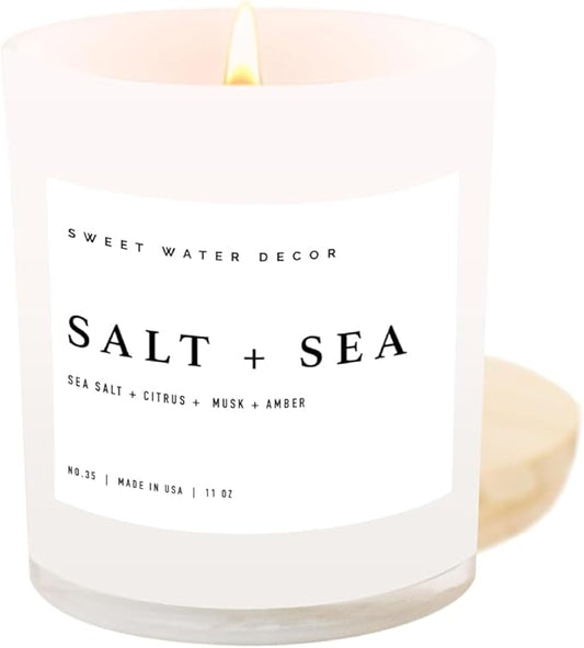 Sweet Water Decor Salt and Sea Candle - Sea Salt, Citrus, Amber, Musk, Beach Scented Soy Candles for Home - 11oz White Glass Jar + Wood Lid, 50+ Hour Burn Time, Made in The USA