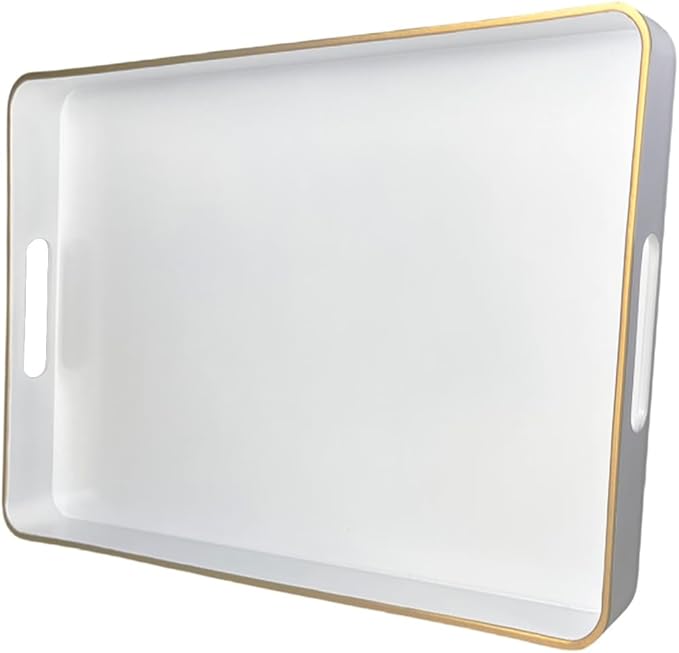 White Decorative Tray, Rectangular Serving Trays with Handles,Ottoman, Coffee Table Tray for Living Room, Bathroom, Home Decor 15.7” x 10.2”