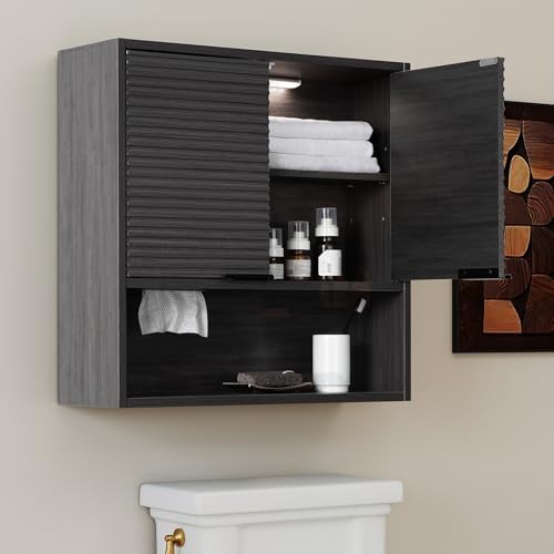 Bathroom Storage Cabinet with Motion Sensor LED Light, Wooden Medicine Cabinet Wall Mounted Cupboard with Disposable Face Towels Hole, Over Toilet Storage Cabinet and Adjustable Shelf (Grey)