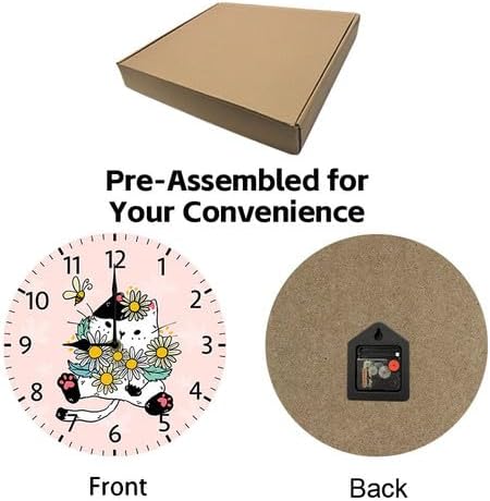 Wall Clock,Cat with Flowers Kitchen Decor and Accessories, Decorative Battery Operated Clocks for Living Room Bedroom Bathroom Farmhouse 12 Inch