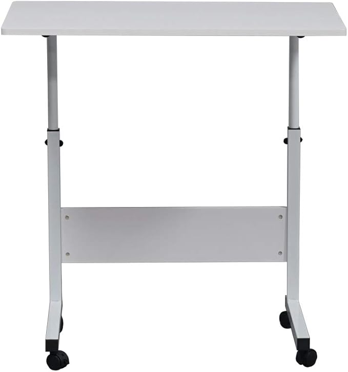 Goujxcy Sofa Side Table C Shaped End Table with Wheels, Rolling Bedside Laptop Table Snack Table TV Tray, Height Adjustable, Wooden Top & Metal Frame