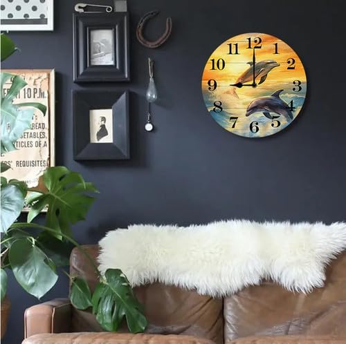 Wall Clock,Dolphin Kitchen Decor and Accessories, Decorative Battery Operated Clocks for Living Room Bedroom Bathroom Farmhouse, 10 Inch