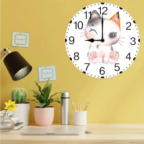 Wall Clock,Cat Licking Paw Kitchen Decor and Accessories, Decorative Battery Operated Clocks for Living Room Bedroom Bathroom Farmhouse 12 Inch