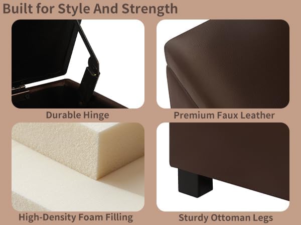 Joveco 24" Leather Storage Ottoman Bench, Rectangle Foot Rest Stool for Living Room, Bedroom, Entryway, Brown