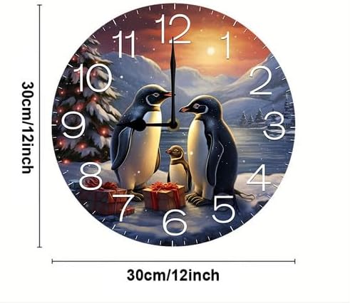 Christmas Tree and Penguins Wall Clock Large Silent Non-Ticking Battery Operated Modern Clocks for Living Room Decor/Bedroom/Office (12x12 in)