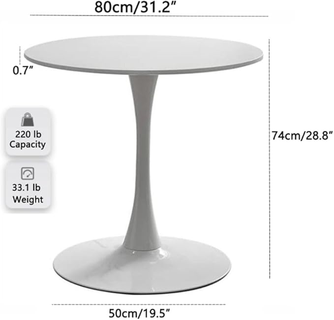 31.2" Tulip Dining Table, White, Perfect for 2-4 People, Mid-Century Modern Style, Round MDF Top with Sturdy Base for Dining Room, Living Room, Cafe