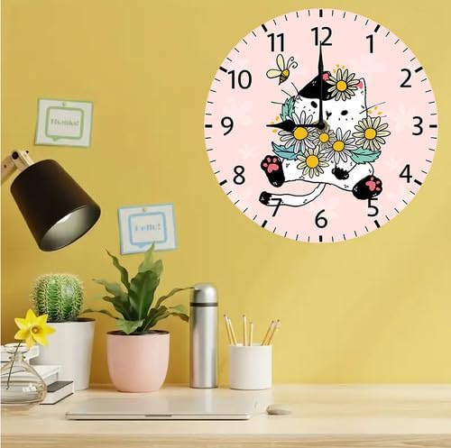 Wall Clock,Cat with Flowers Kitchen Decor and Accessories, Decorative Battery Operated Clocks for Living Room Bedroom Bathroom Farmhouse 12 Inch