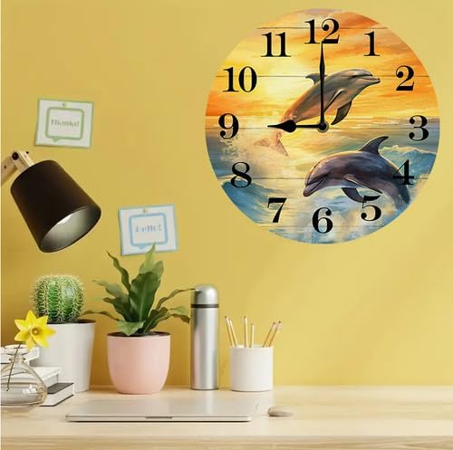 Wall Clock,Dolphin Kitchen Decor and Accessories, Decorative Battery Operated Clocks for Living Room Bedroom Bathroom Farmhouse, 10 Inch