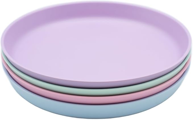 WeeSprout Bamboo Plates, Set of 4, Kid-Sized Dinnerware, Dishwasher Safe Melamine Dishware (Pastel Blue, Mint, Purple & Pink, Without Lids)