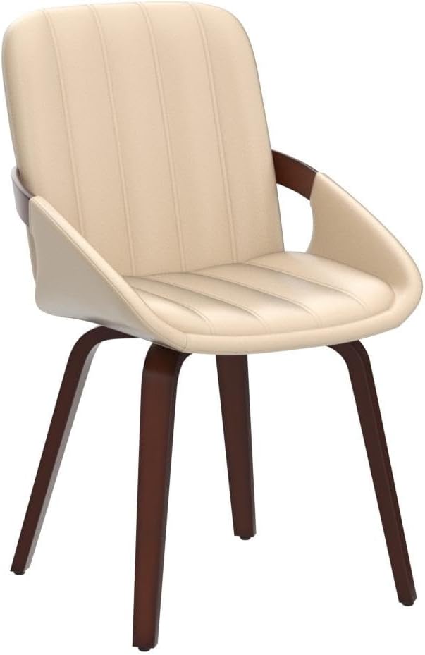 Mid Century Modern Beige Faux Leather Upholstered Dining Chairs Set of 2,Armless Accent Chairs with Sturdy Natural Wood Legs,Bamboo Backrest Support for Kitchen&Dining Room Chairs