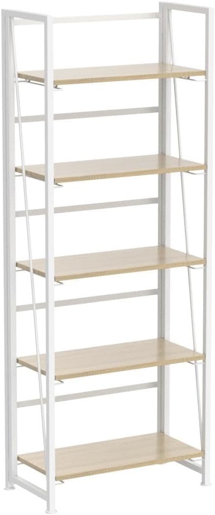 4NM No Assembly Folding Bookshelf, 5-Shelf 62.2" H Collapsible Foldable Bookcase Storage for Small Spaces, Natural White