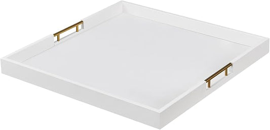 24x24 Inches Extra Large White Faux Leather Wrapped Wood Ottoman Tray with Golden Handles for Serving Food and Breakfast On Bed, Square Coffee Table Organizer, Home Decor and Decorative