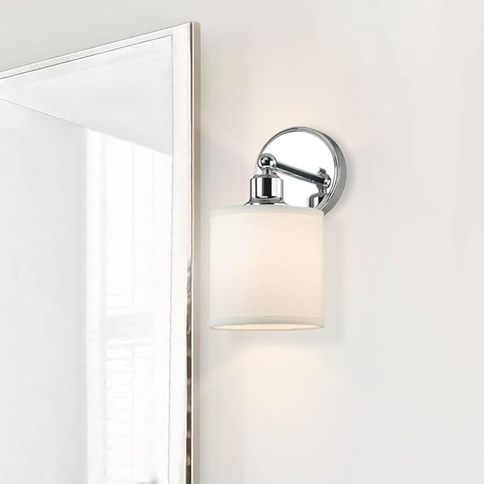 XiNBEi Lighting Wall Light 1 Light Wall Sconce with Drum Fabric Shade in Chrome, Modern Bathroom Vanity Light for Bathroom Bedroom & Living Room XB-W1214-1-CH