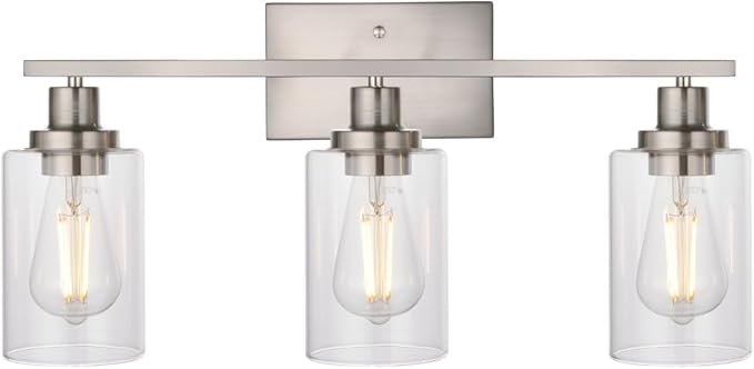 MELUCEE 3 Lights Wall Sconce Brushed Nickel Finished Modern Bathroom Vanity Light Fixtures with Clear Glass Shade Suit for Porch Bedroom Foyer Kitchen (Patent No.: US D963914 S)