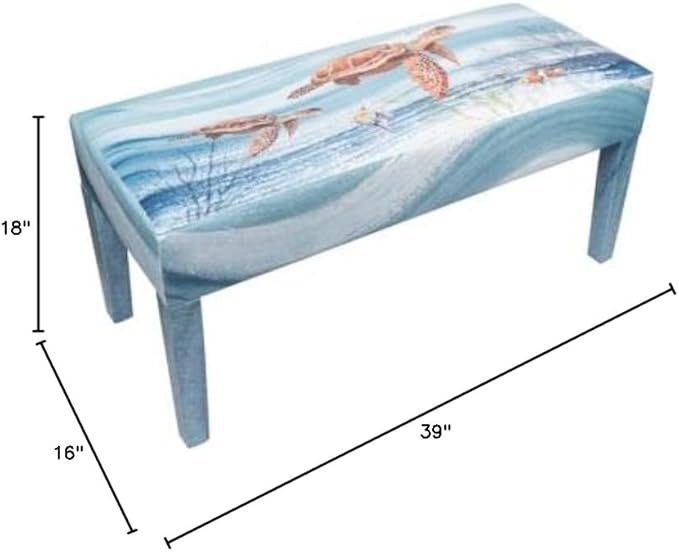 Indoor Bench Coastal Decor Wood Bench Entryway, Bedroom, Bathroom, Living Room, Sun Room Beach Theme Faux Leather Top (Turtle Waves)