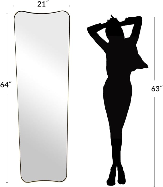 ANDY STAR 21" x 64" Full Length Mirror, Decorative Full Body Mirror with Stainless Steel Thin Frame, Italian Curved Edge Design, Wall Mountable or Leaning for Bedroom, Cloakroom, Brushed Gold
