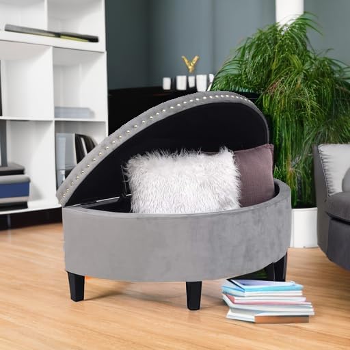 Homebeez 43" Half Moon Storage Ottoman Bench, Lift Top Velvet Storage Ottoman Bench for Bedroom Living Room(Light Gray)