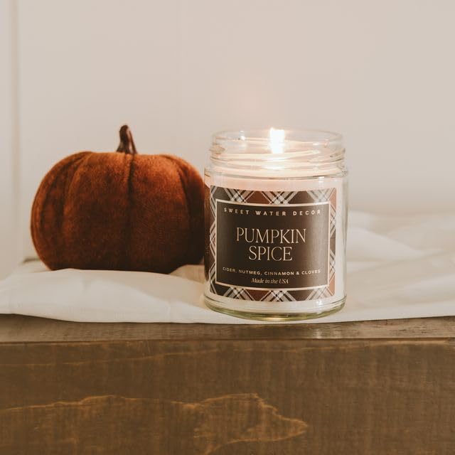Sweet Water Decor Pumpkin Spice Candle, Autumn Scented Notes of Pumpkin, Cloves, & Buttercream, 40+ Hour Burn Time, Non-Toxic Soy Wax Blend, Poured in the USA, Cotton Wick, 9oz Glass Jar with Gold Lid